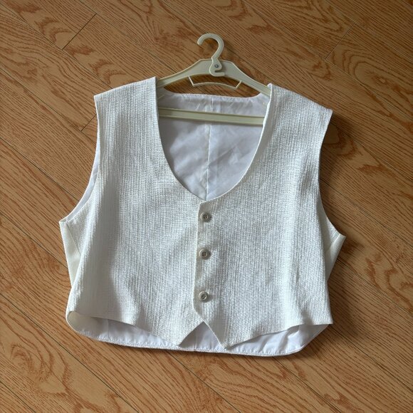 Cropped Sleeveless Vest Buttoned Cream Medium Handmade - Picture 1 of 2